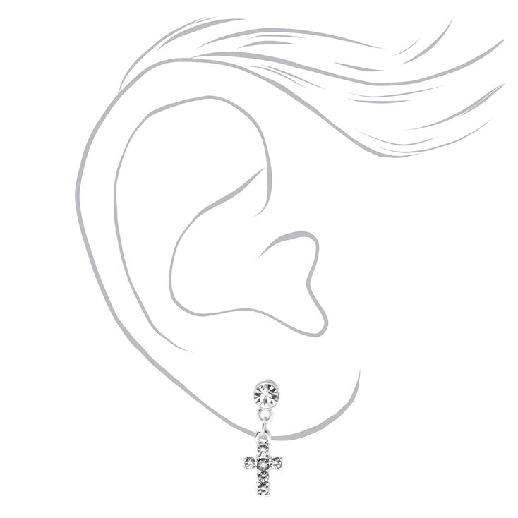 Silver 1&quot; Crystal Cross Magnetic Drop Earrings,