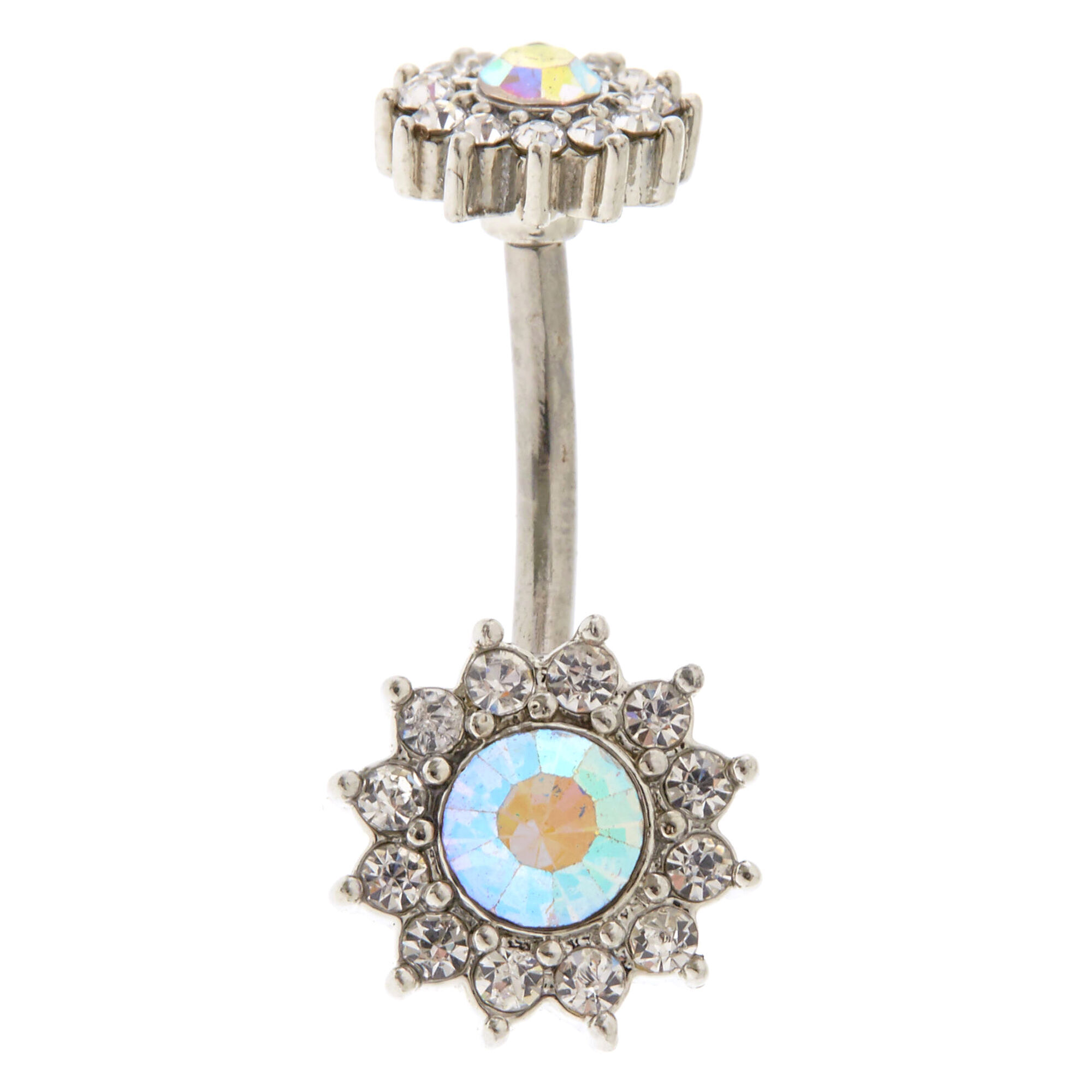 Silver 14G Iridescent Stone Halo Flower Belly Ring,