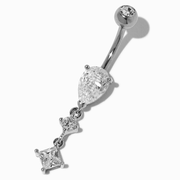 Silver-tone Stainless Steel Cubic Zirconia Teardrop 14G Belly Bar,