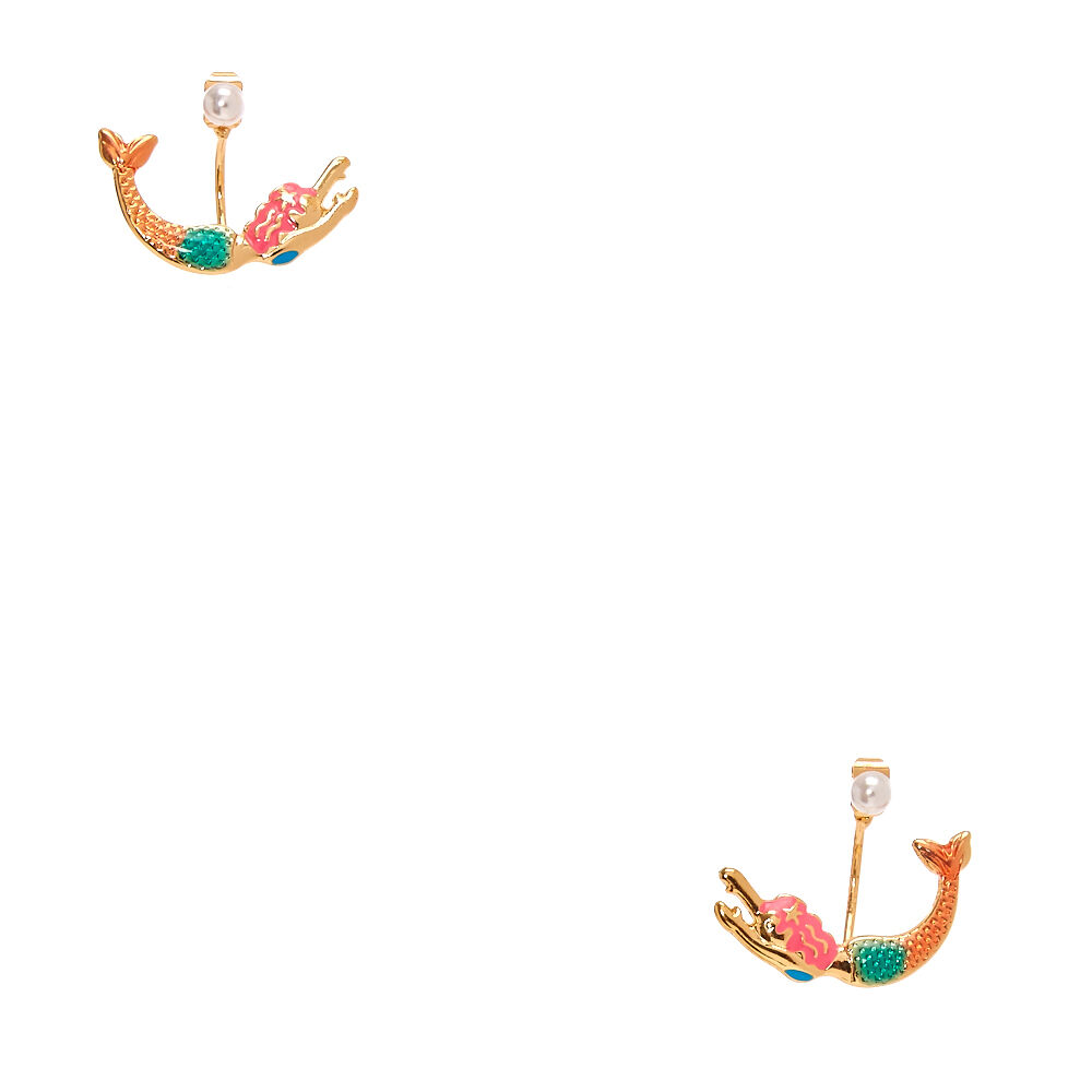 Boucles d'oreilles devant-derrière sirène couleur dorée,