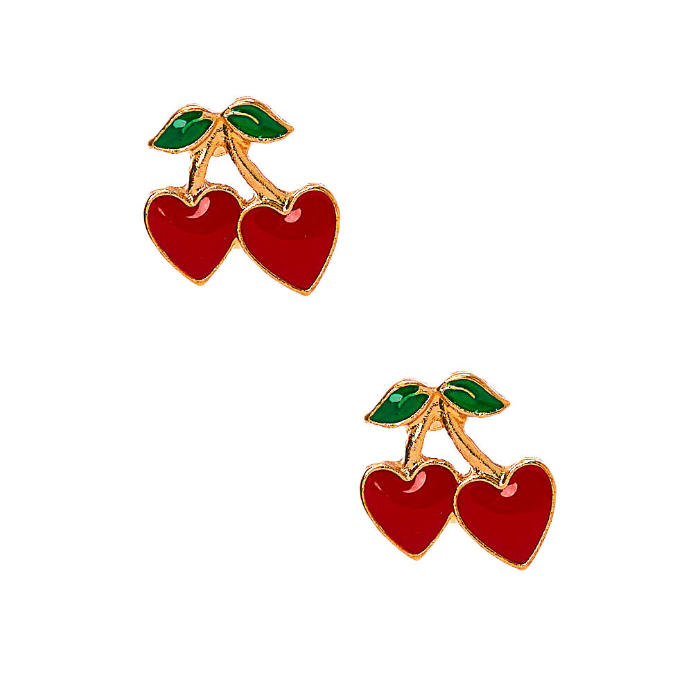 Gold Cherry Heart Stud Earrings Red