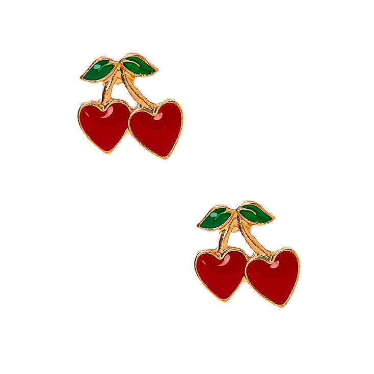 Gold Cherry Heart Stud Earrings - Red,
