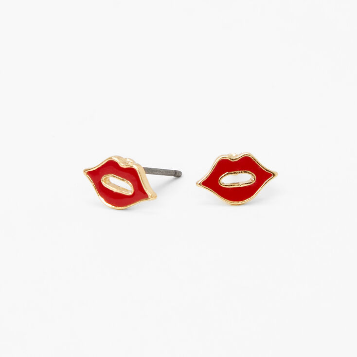 Gold Lips Stud Earrings - Red,