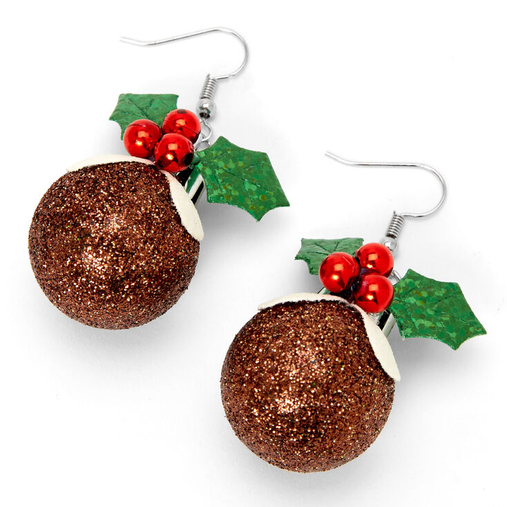 Silver 2" Christmas Pudding Earrings - Brown | Claire's