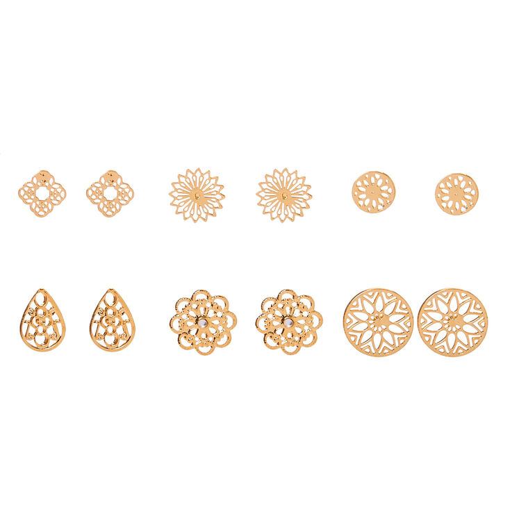 Gold Filigree Stud Earrings - 6 Pack,