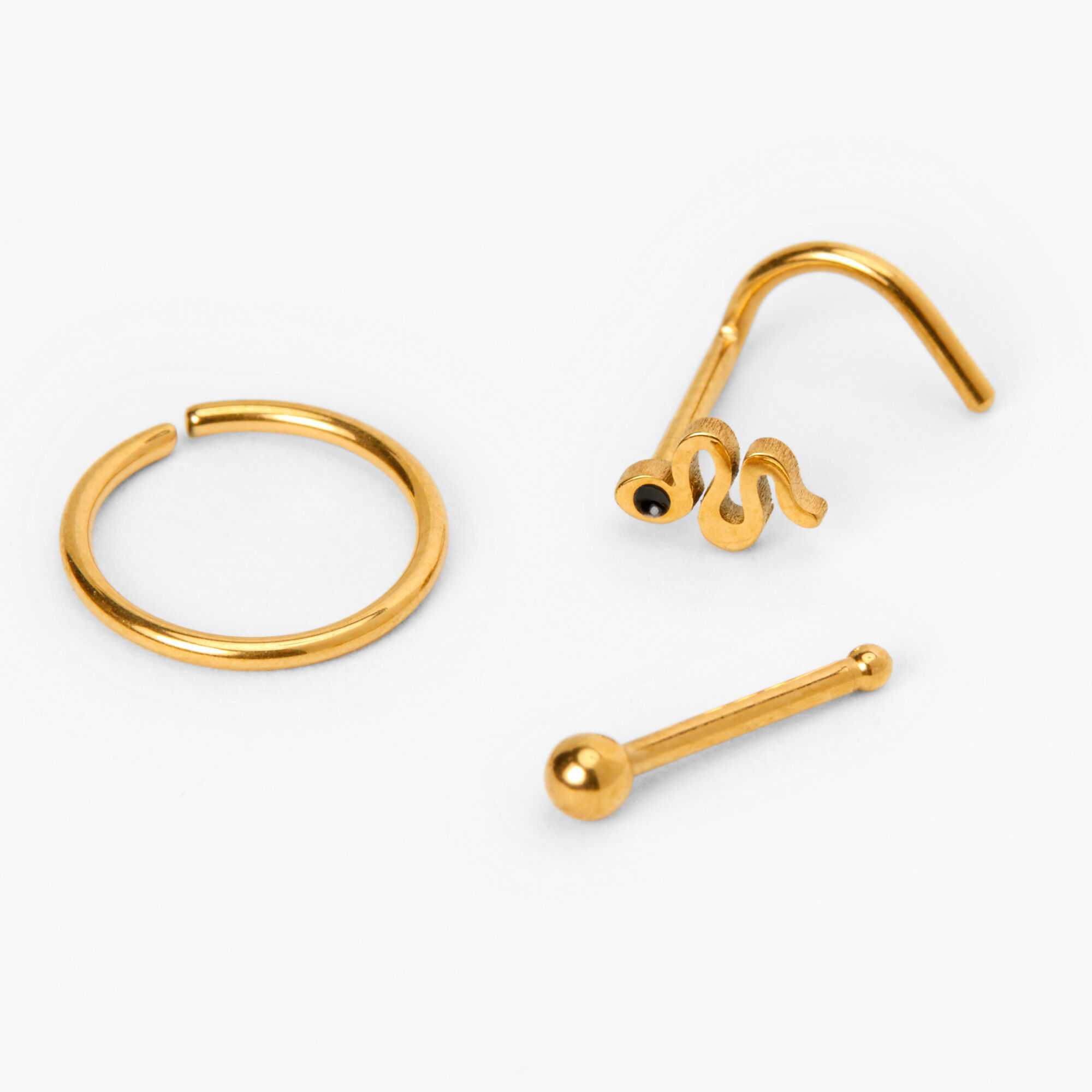 View Claires Tone Hoop Snake Stud Nose Rings 3 Pack Gold information