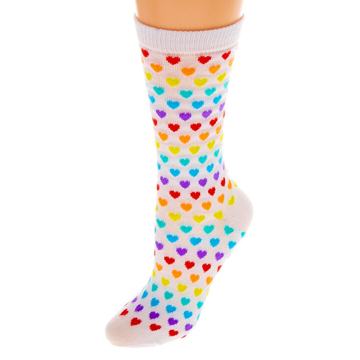 Rainbow Hearts Crew Socks - White | Claire's US