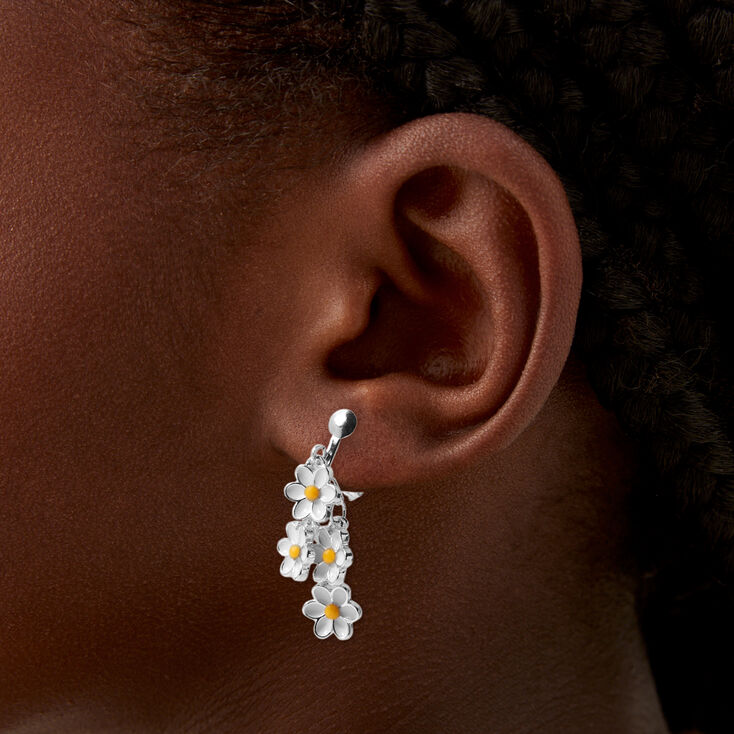 Silver-tone Linear Daisy 1&quot; Clip-On Drop Earrings,