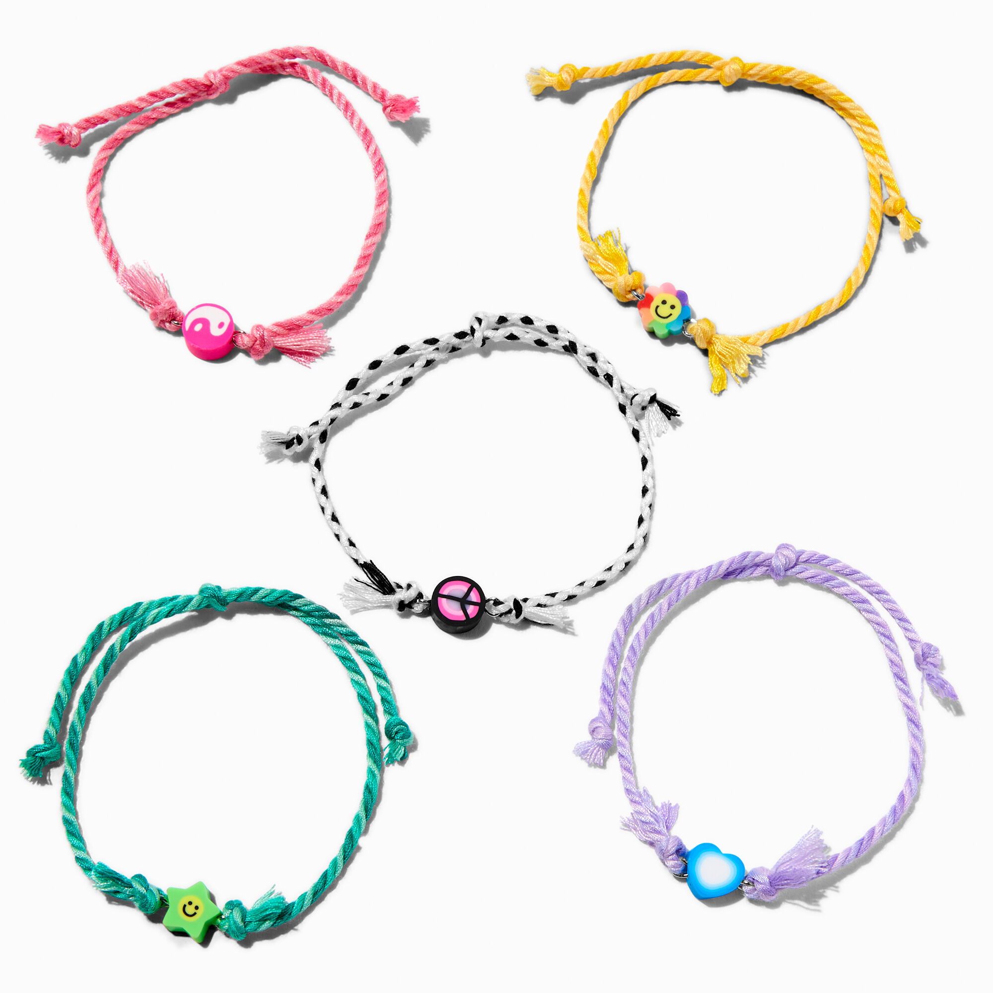 View Claires Peace Love Adjustable Woven Bracelet Set 5 Pack Rainbow information