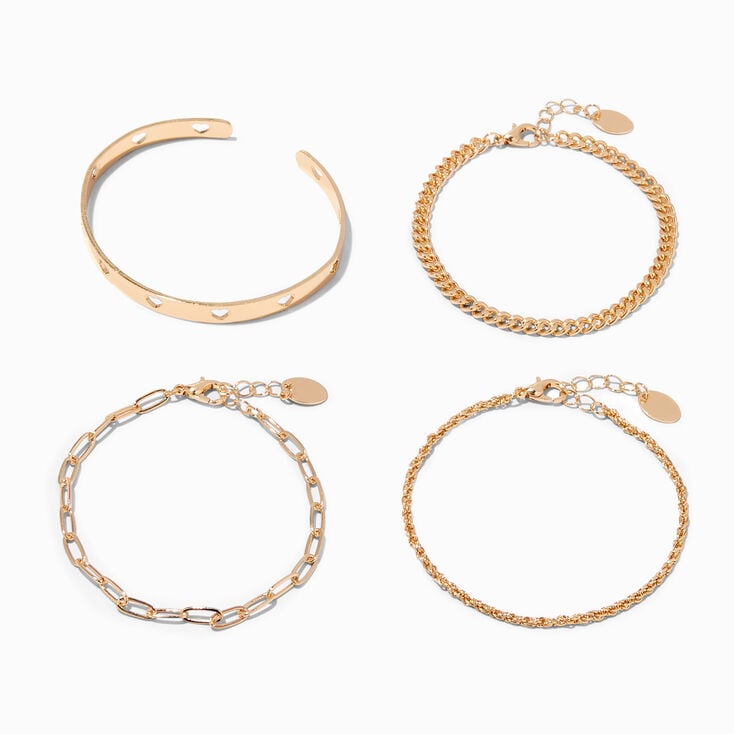 Gold Chain &amp; Heart Cuff Bracelet Set - 4 Pack,