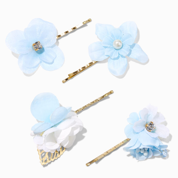 Blue Embellished Floral Chiffon Hair Pins - 4 Pack,