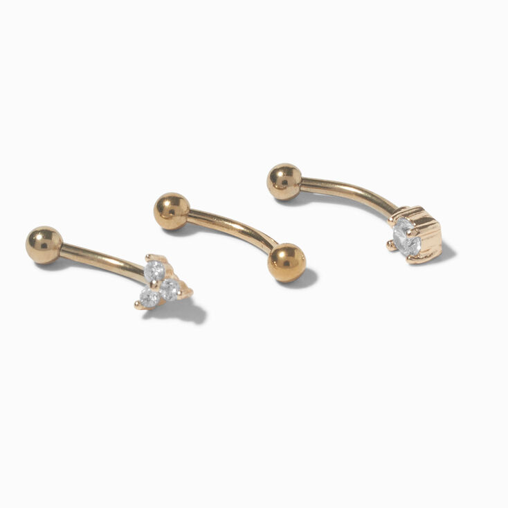 Gold-tone Stainless Steel Cubic Zirconia 16G Tri-Stud Rook Earrings - 3 Pack,