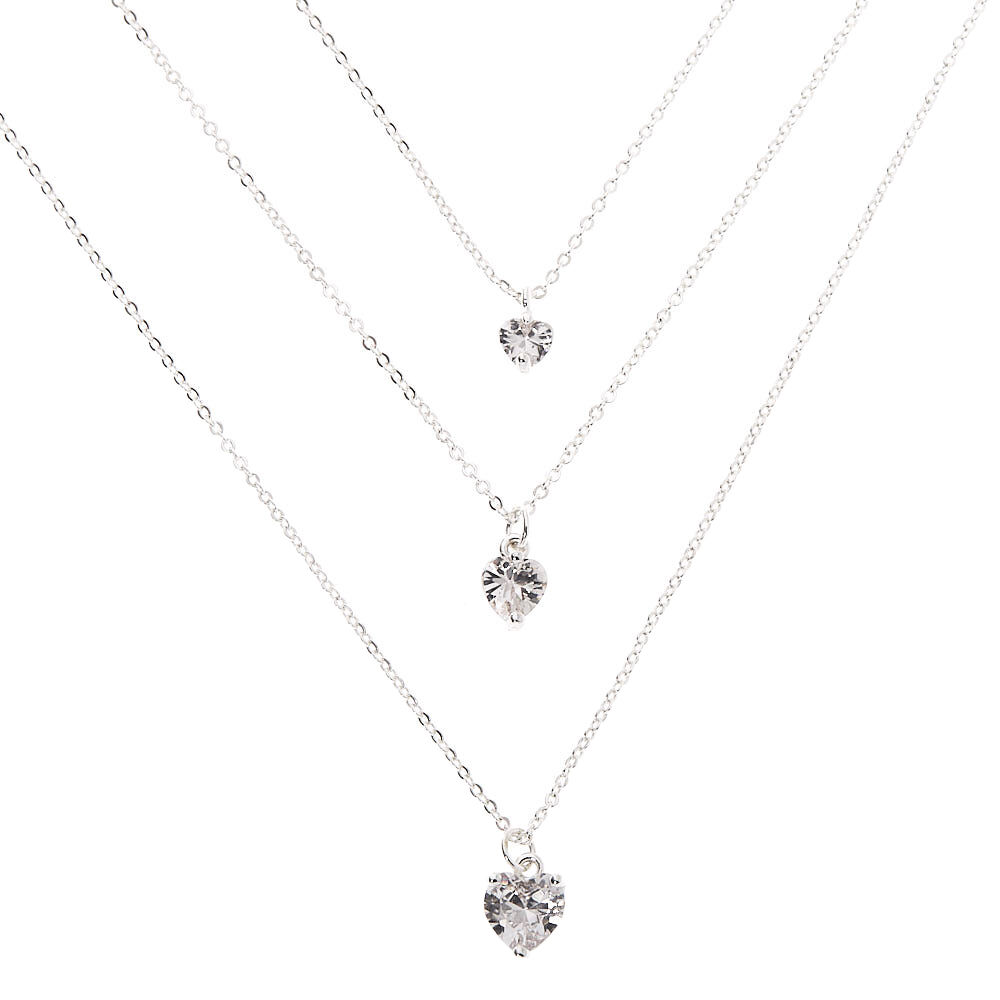 Collier multi-rangs cœur en zircon cubique couleur argentée,