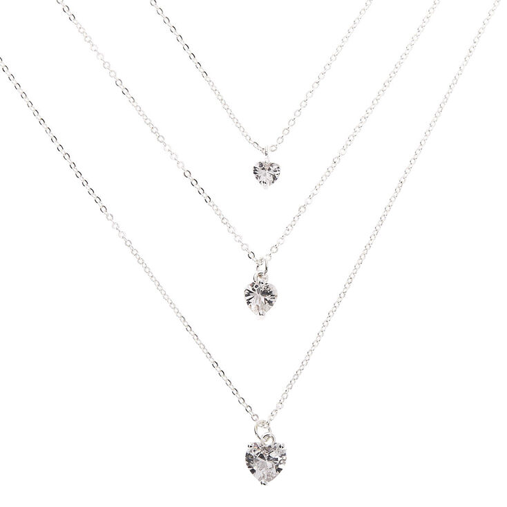 Silver-tone Cubic Zirconia Heart Multi Strand Necklace,