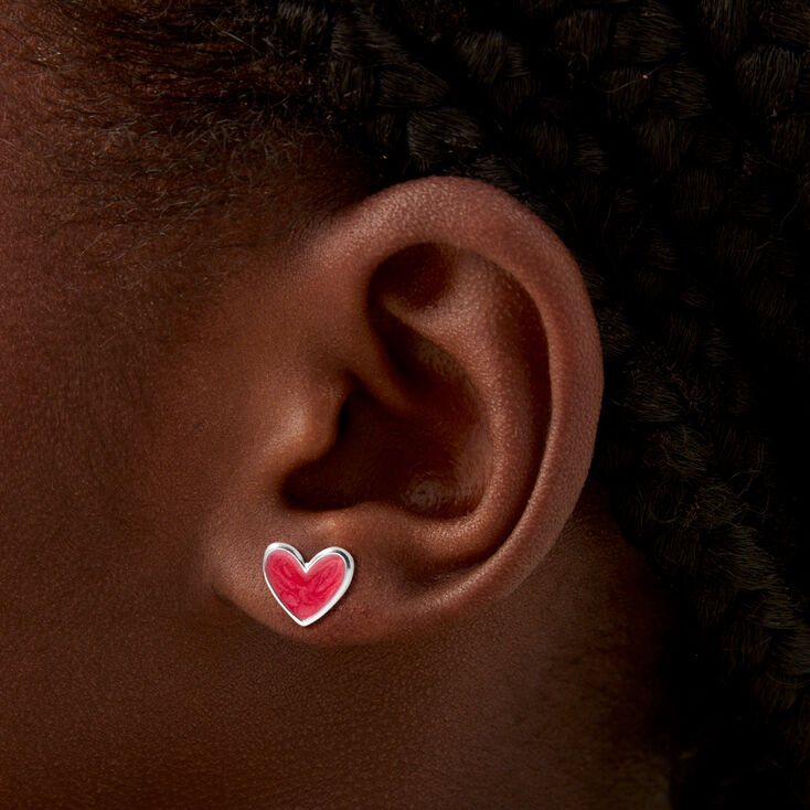 Pink Heart Silver Stud Earrings,