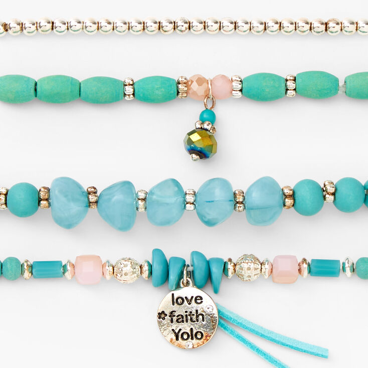 Love, Faith, YOLO Beaded Stretch Bracelets - Blue, 4 Pack,