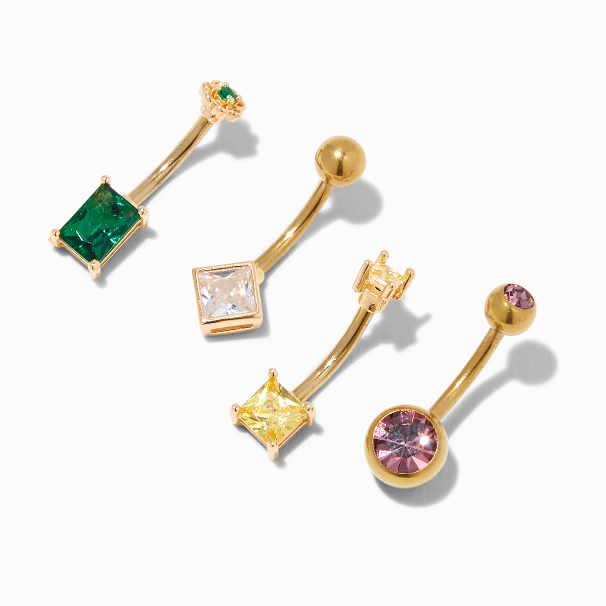 View Claires Tone Gem Belly Rings 4 Pack Gold information