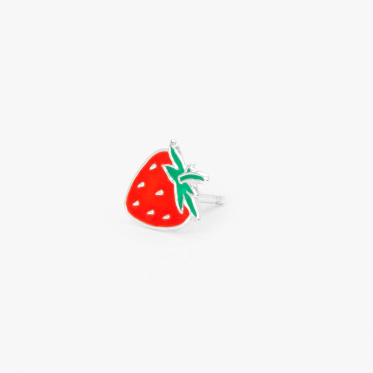 Clou d&#39;oreille unique fraise en &eacute;mail couleur argent&eacute;e,