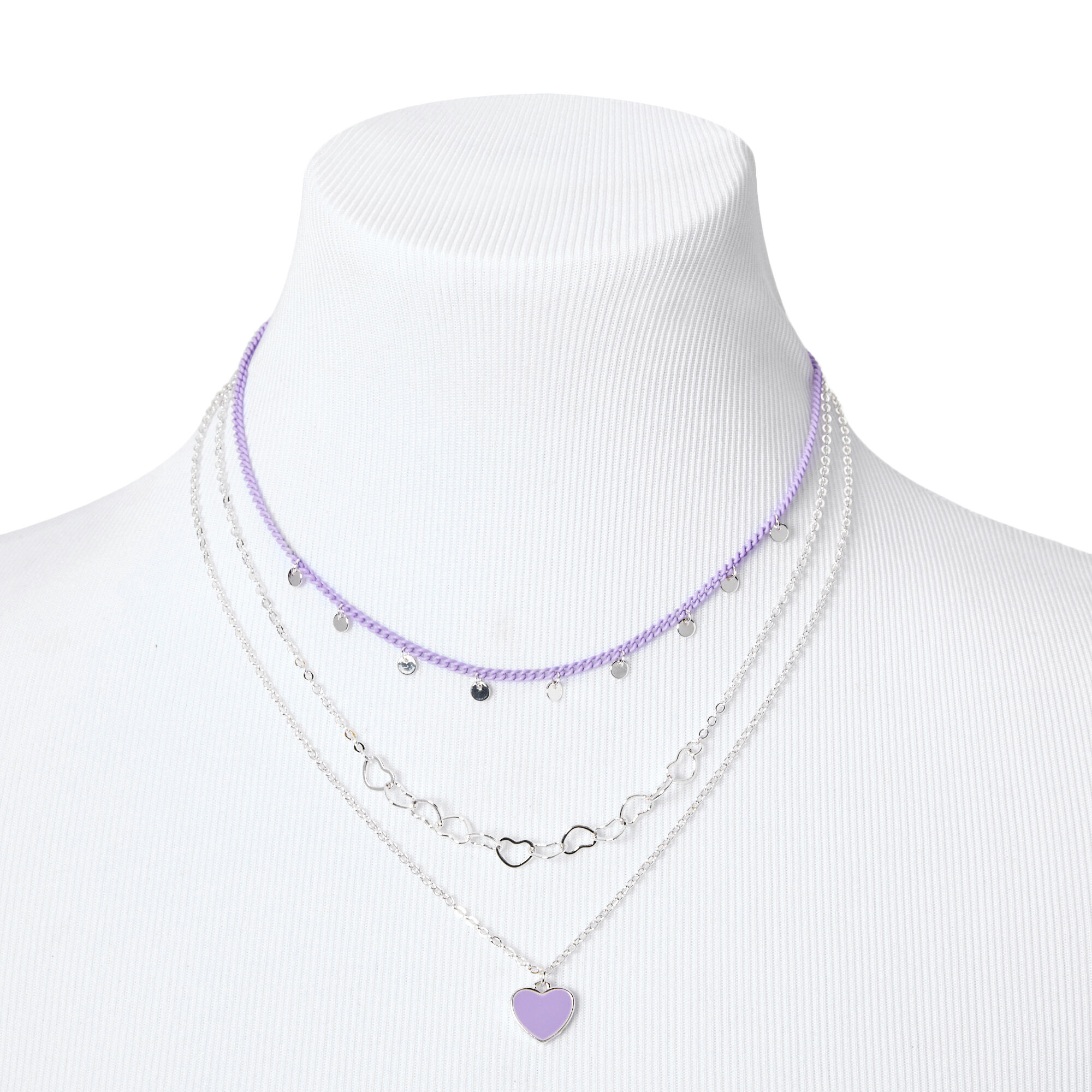 Silver & Purple Heart Chain Multi Strand Necklace,