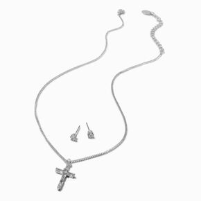 Silver-tone Cubic Zirconia Cross Jewelry Set - 2 Pack,