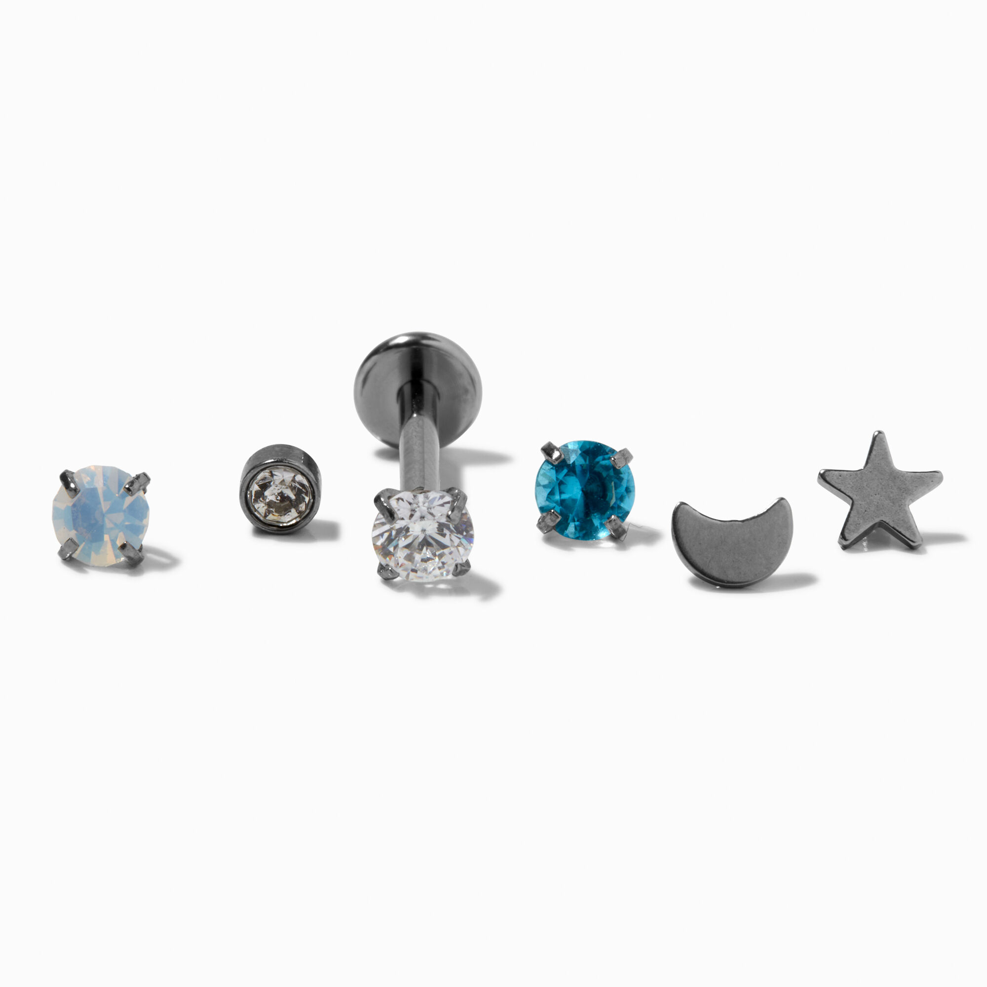 Silver Titanium 16G Celestial Changeable Flat Back Tragus Earrings 6 Pack