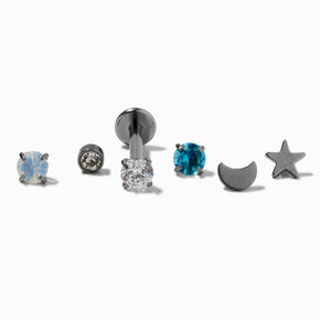 Silver Titanium 16G Celestial Changeable Flat Back Tragus Earrings - 6 Pack,