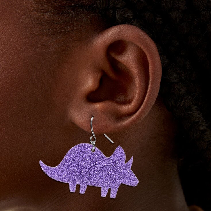 Purple Glitter Dinosaur Drop Earrings,