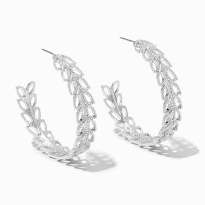 Silver 40MM Textured Leaf Hoop Earrings,