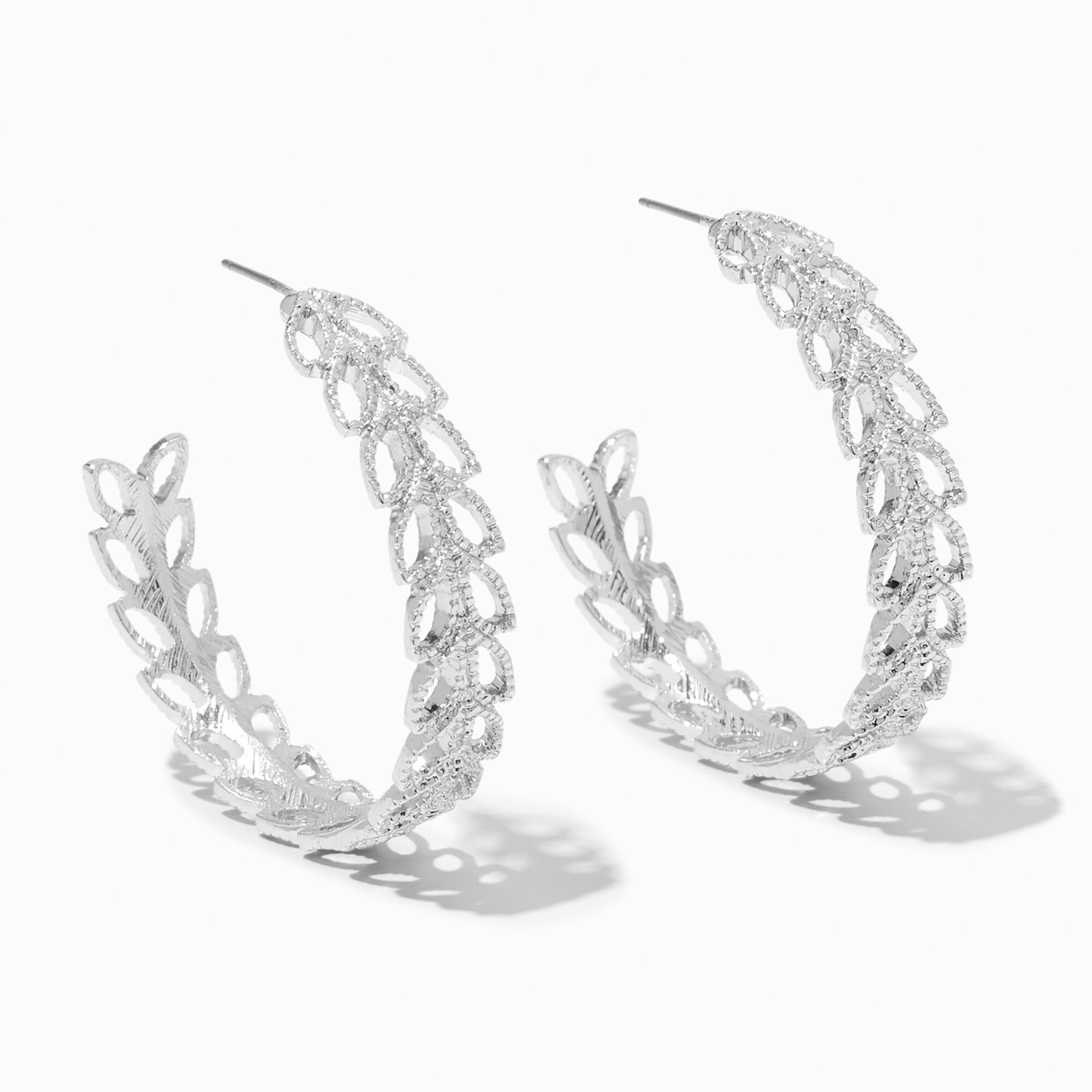 View Claires 40MM Textured Leaf Hoop Earrings Silver information