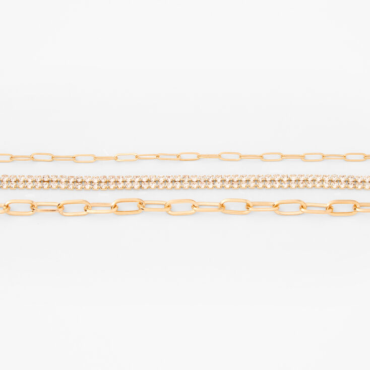 Gold Toggle Chainlink &amp; Rhinestone Bracelets - 3 Pack,