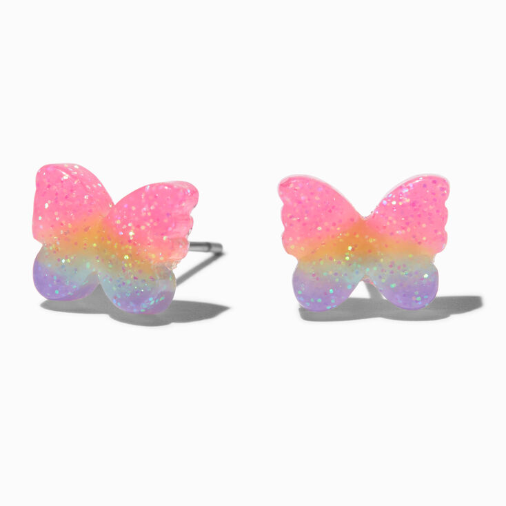 Glitter Rainbow Butterfly Stud Earrings ,