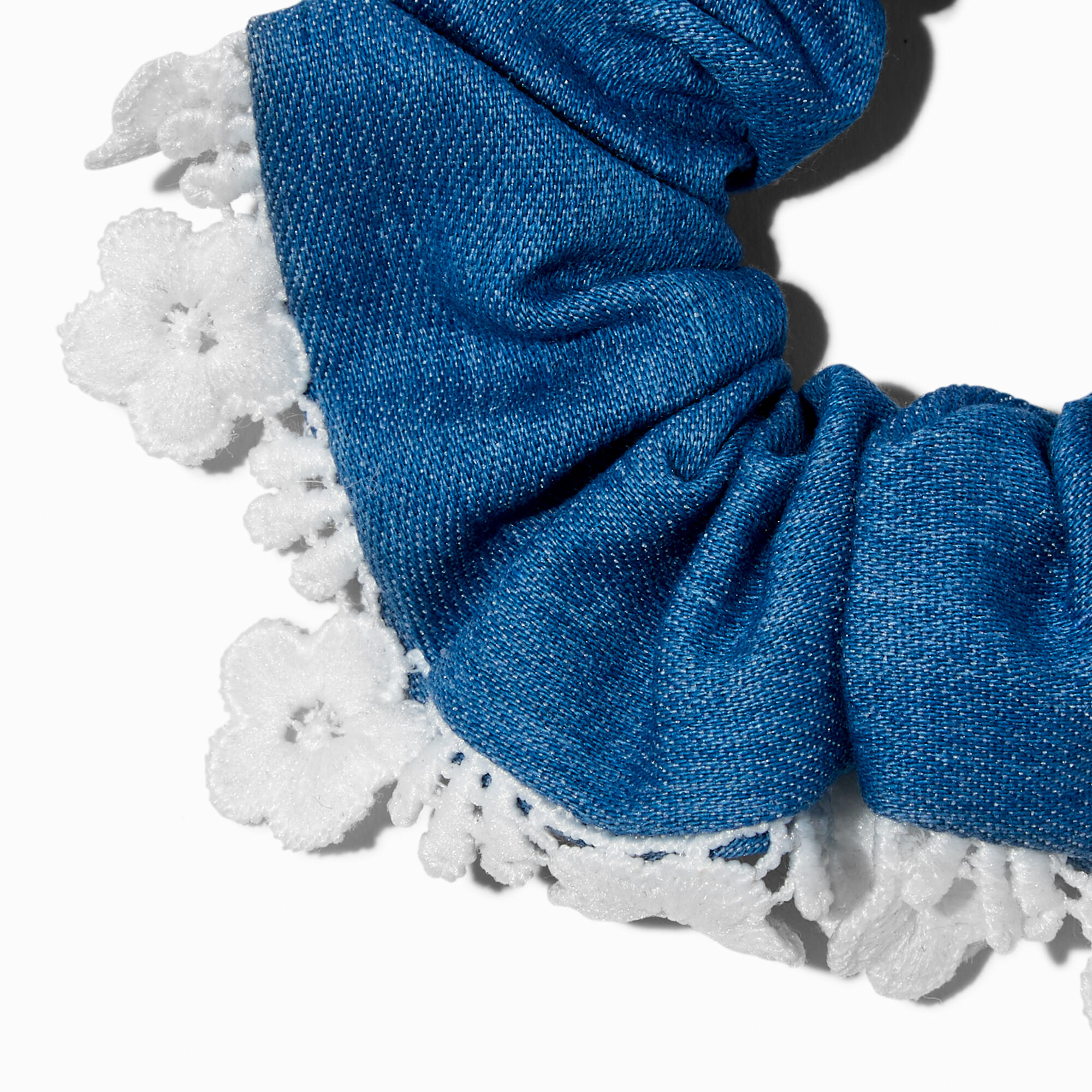 Floral Trim Denim Hair Scrunchie,