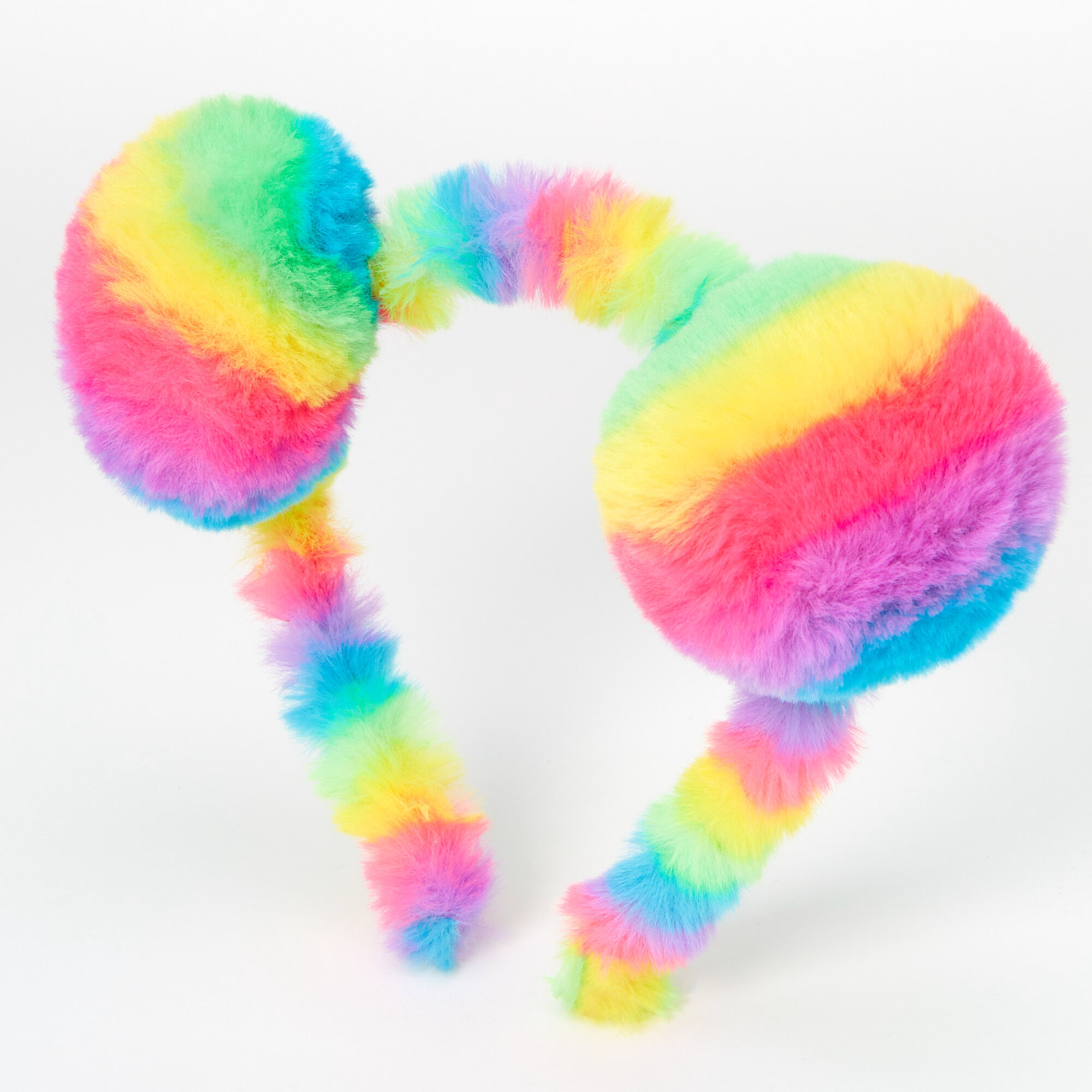 View Claires Bright Plush Pom Ears Headband Rainbow information