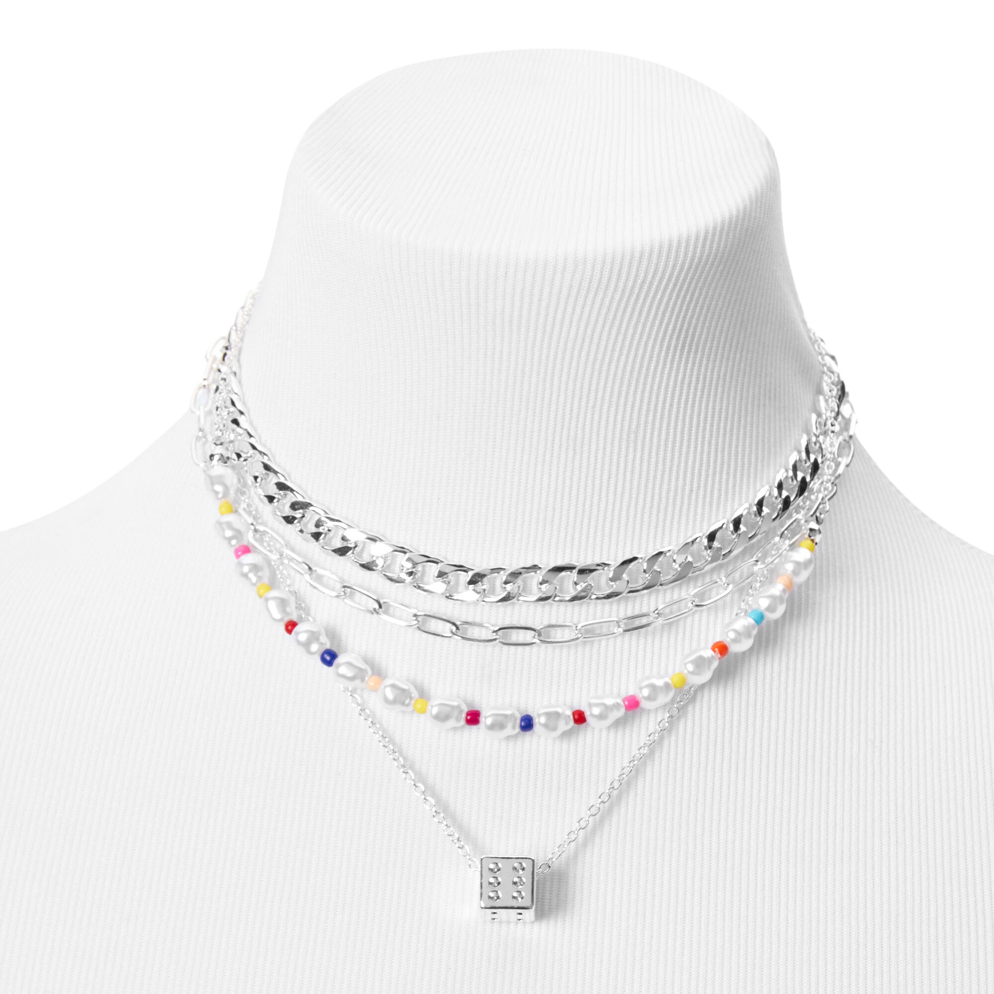 Silver Woven Chain & Dice Multi Strand Necklace Set - 2 Pack,