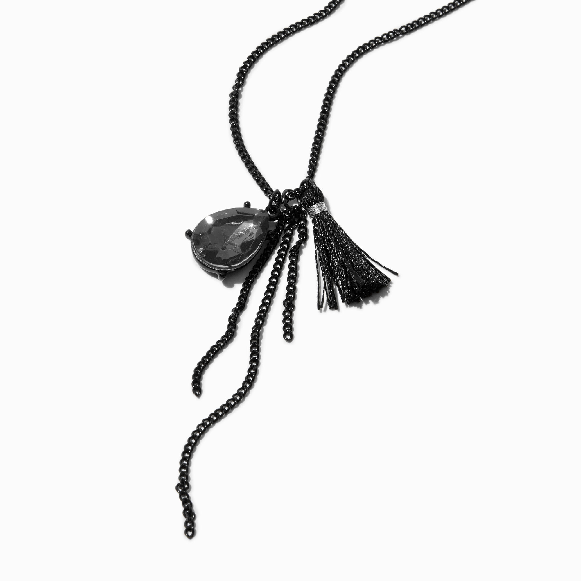 View Claires Rhinestone Tassel Pendant Necklace Black information