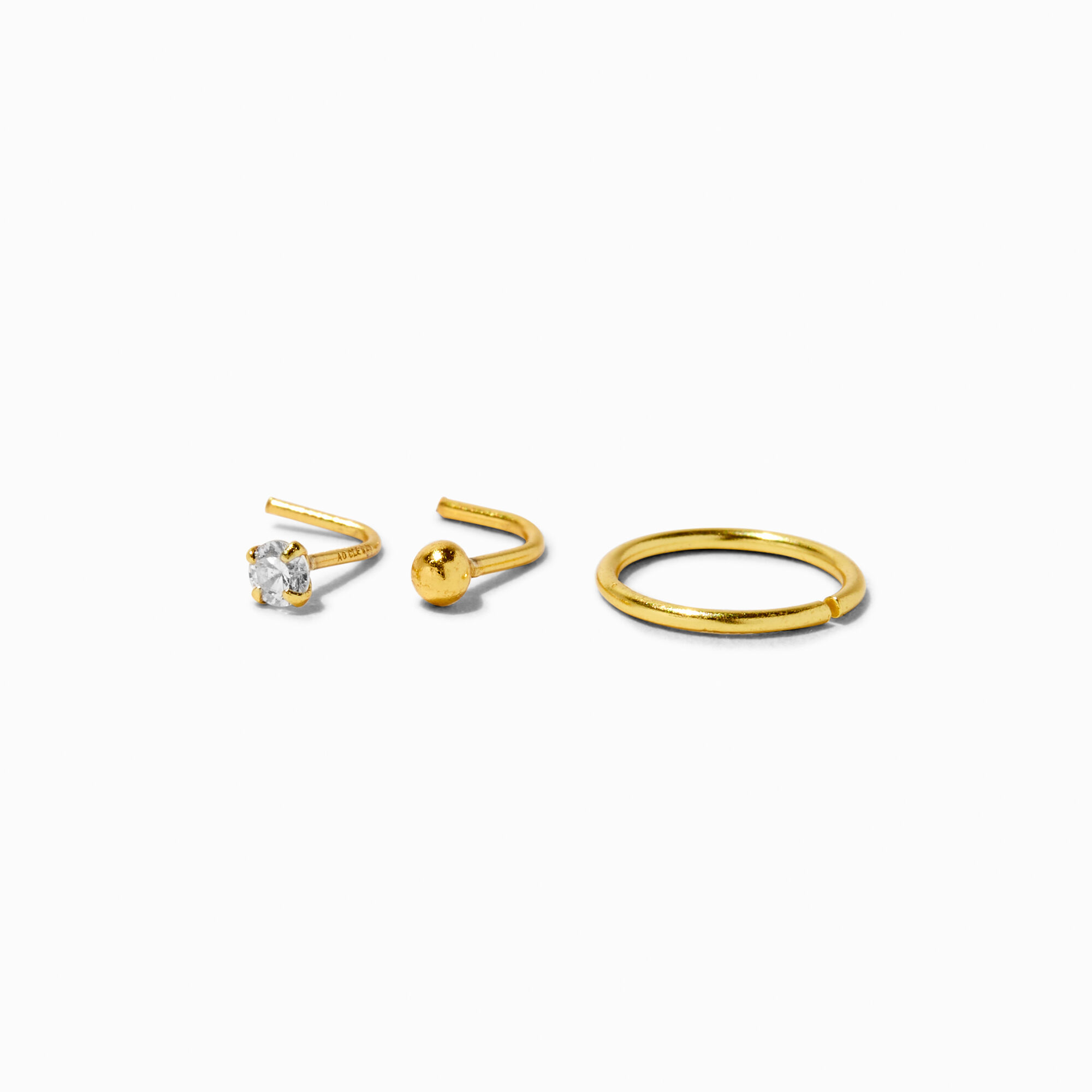 View Claires GoldColored Cubic Zirconia 22G Stud Hoop Nose Rings 3 Pack Silver information