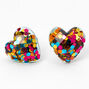 Silver Multicolor Confetti-Filled Heart Stud Earrings,