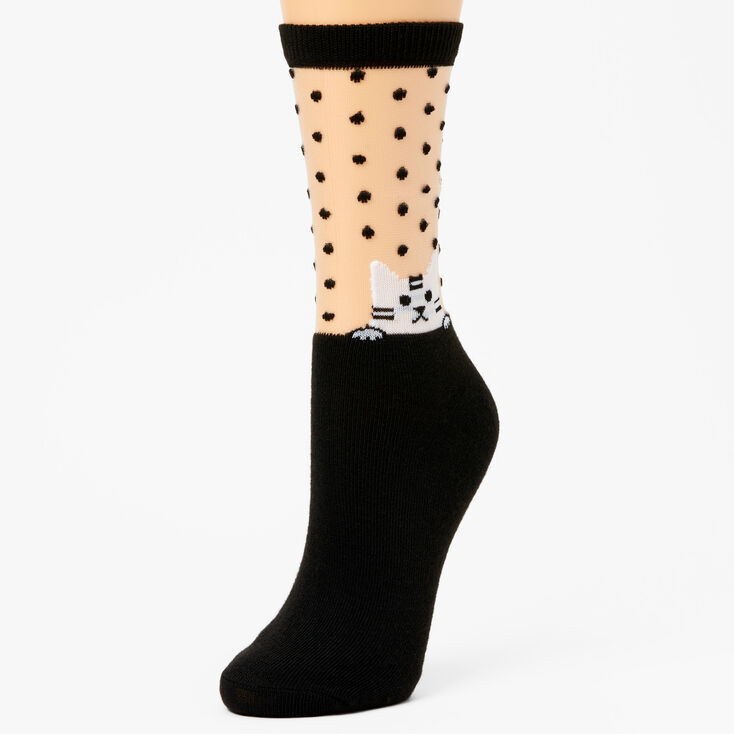Sheer Cat Polka Dot Crew Socks - Black,