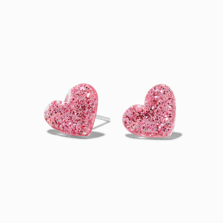 Sterling Silver Pink Glitter Heart Stud Earrings,