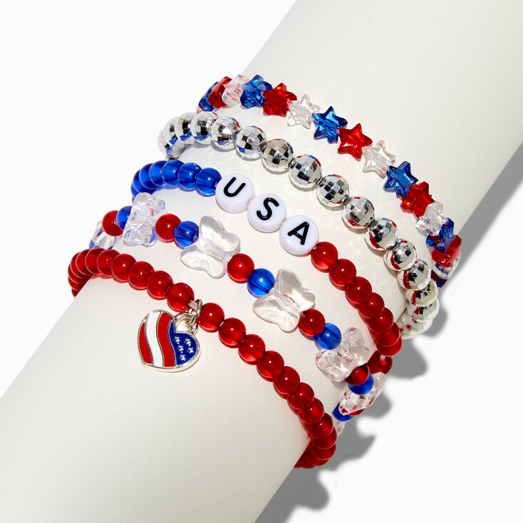 Stars &amp; Stripes Beaded Stretch Bracelets - 5 Pack,