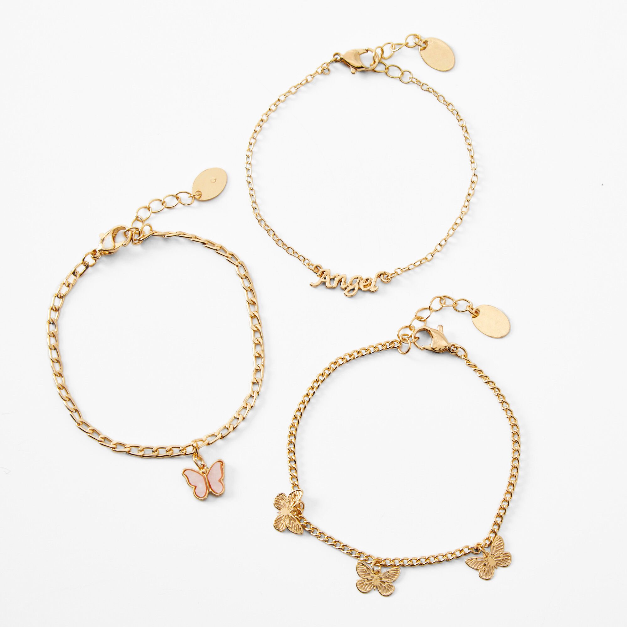 Gold-tone Butterfly & Angel Chain Bracelets - 3 Pack,