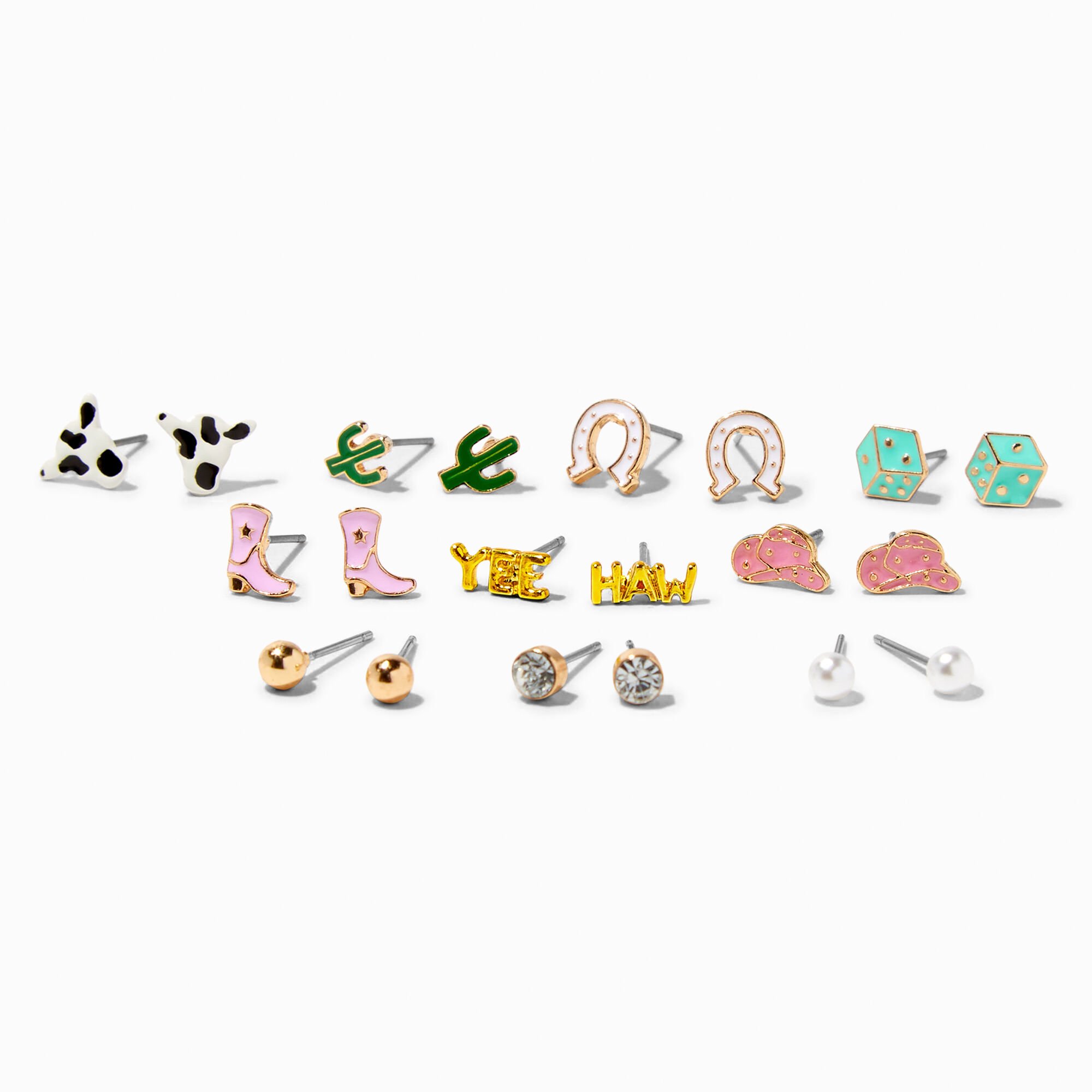 View Claires Yee Haw Cowpoke Stud Earrings 10 Pack Gold information