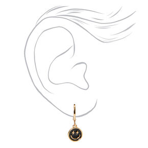 Black Happy Face Gold-tone 20MM Huggie Hoop Earrings,