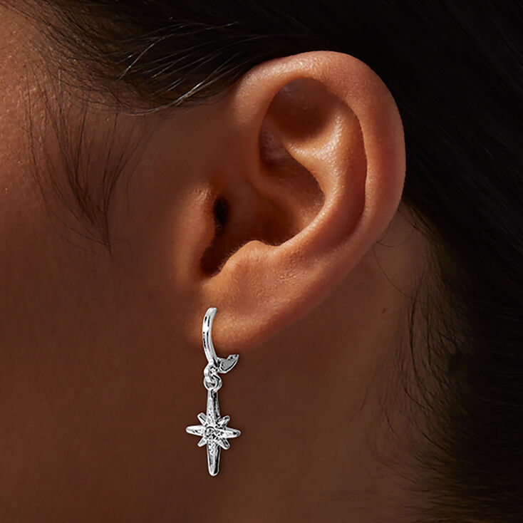 Silver-tone Star Huggie Hoop Earrings,