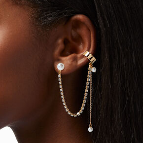 Gold-tone Pearl Hoop Cuff Earrings Stackables - 5 Pack,