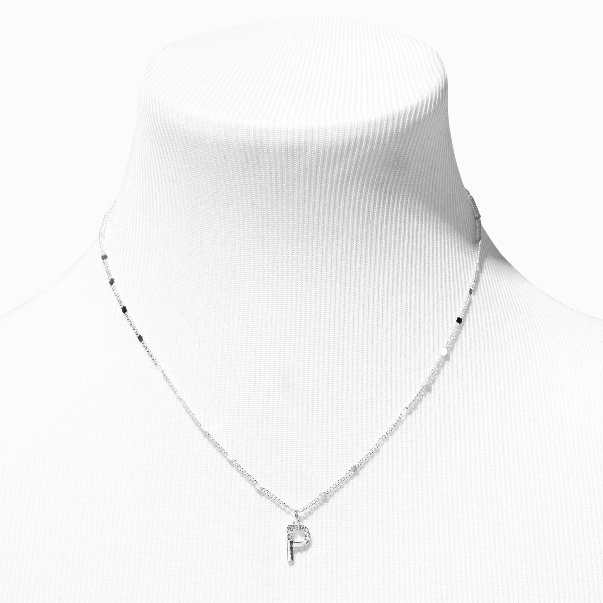 Silver Half Stone Initial Pendant Necklace - P,