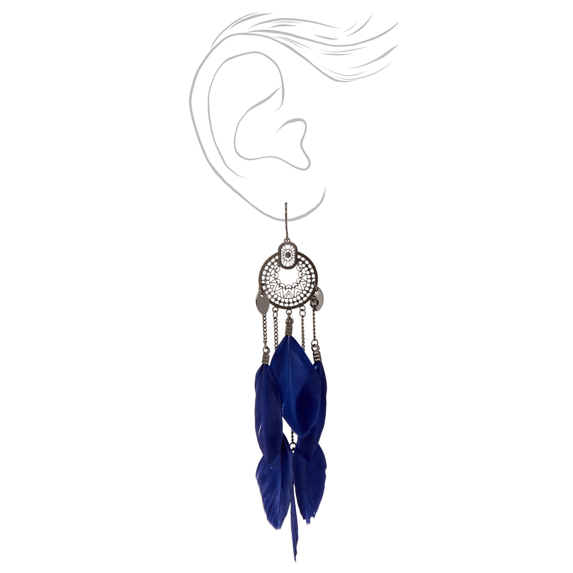 Silver 4" Medallion Blue Feather Drop Earrings,