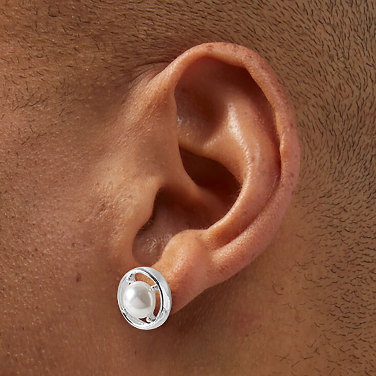 Silver-tone Pearl Compass Stud Earrings ,