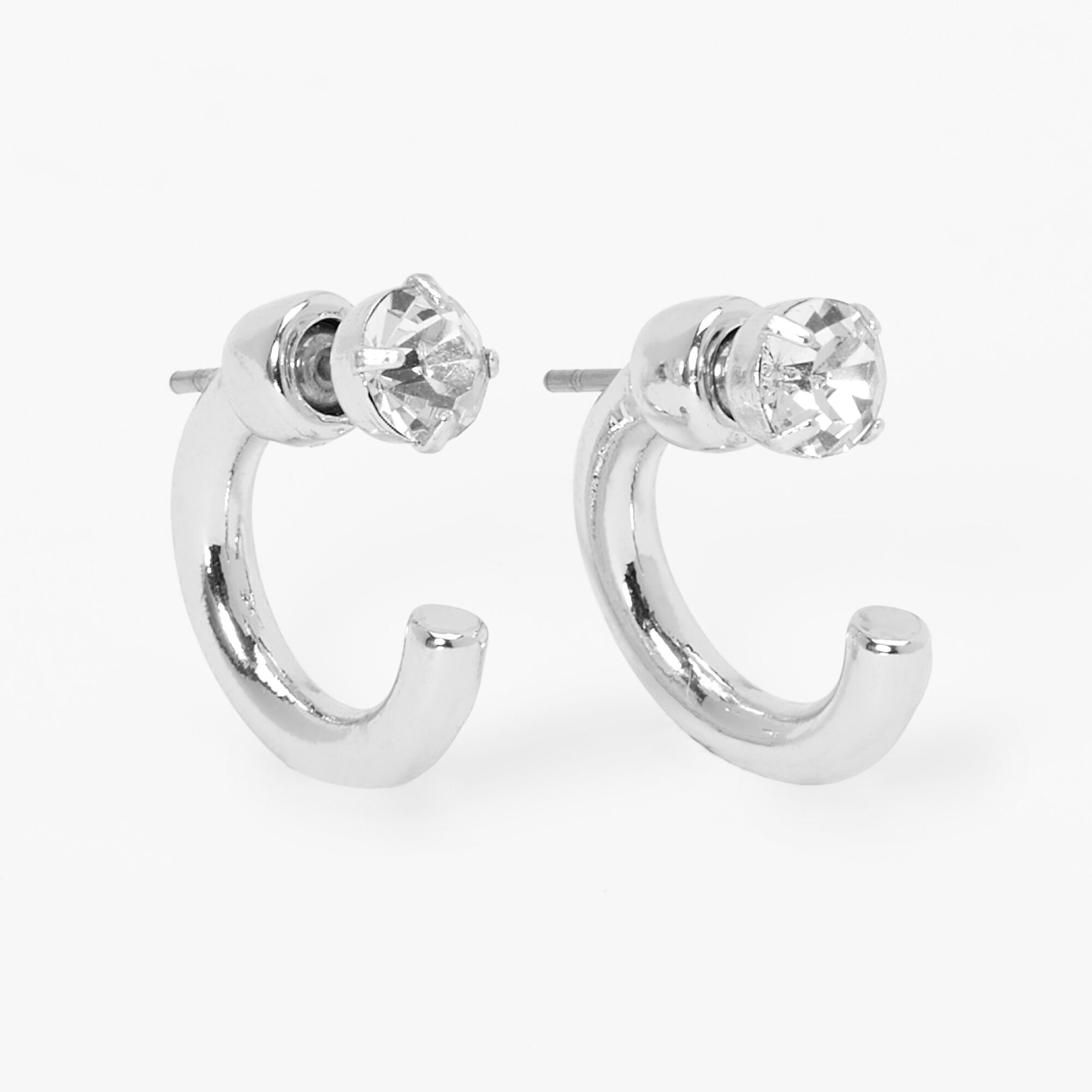 Silver 15MM Front and Back Crystal Tube Hoop Earrings,
