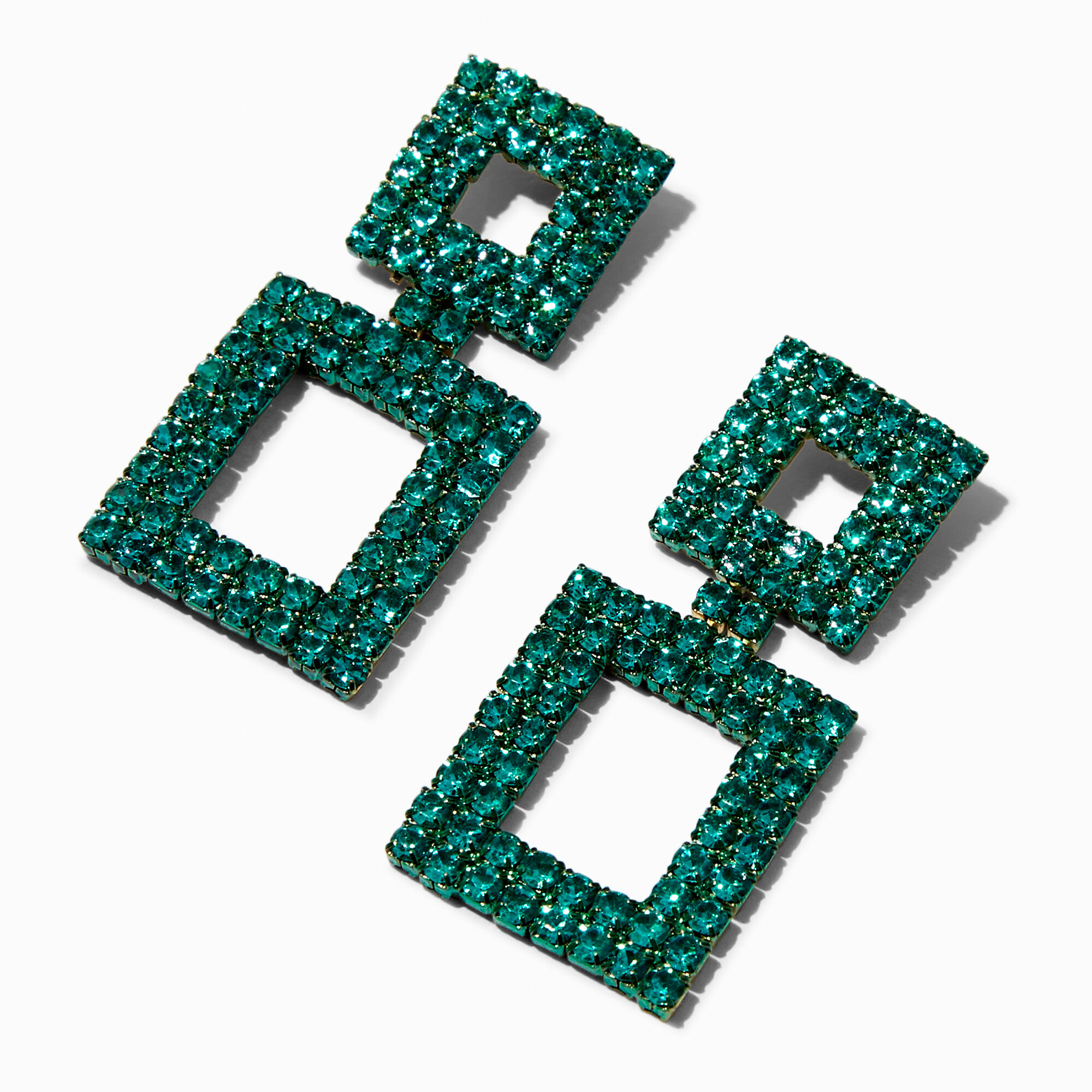 View Claires Emerald Crystal Double Square 15 Drop Earrings Green information